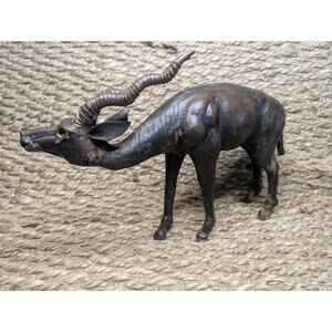 Vintage Brown Leather Antelope Figure Unique Wild African Home Office Decor 15"